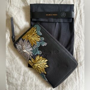 Belinda Pieris Black Leather designer Wallet Clutch with Floral Embroidery